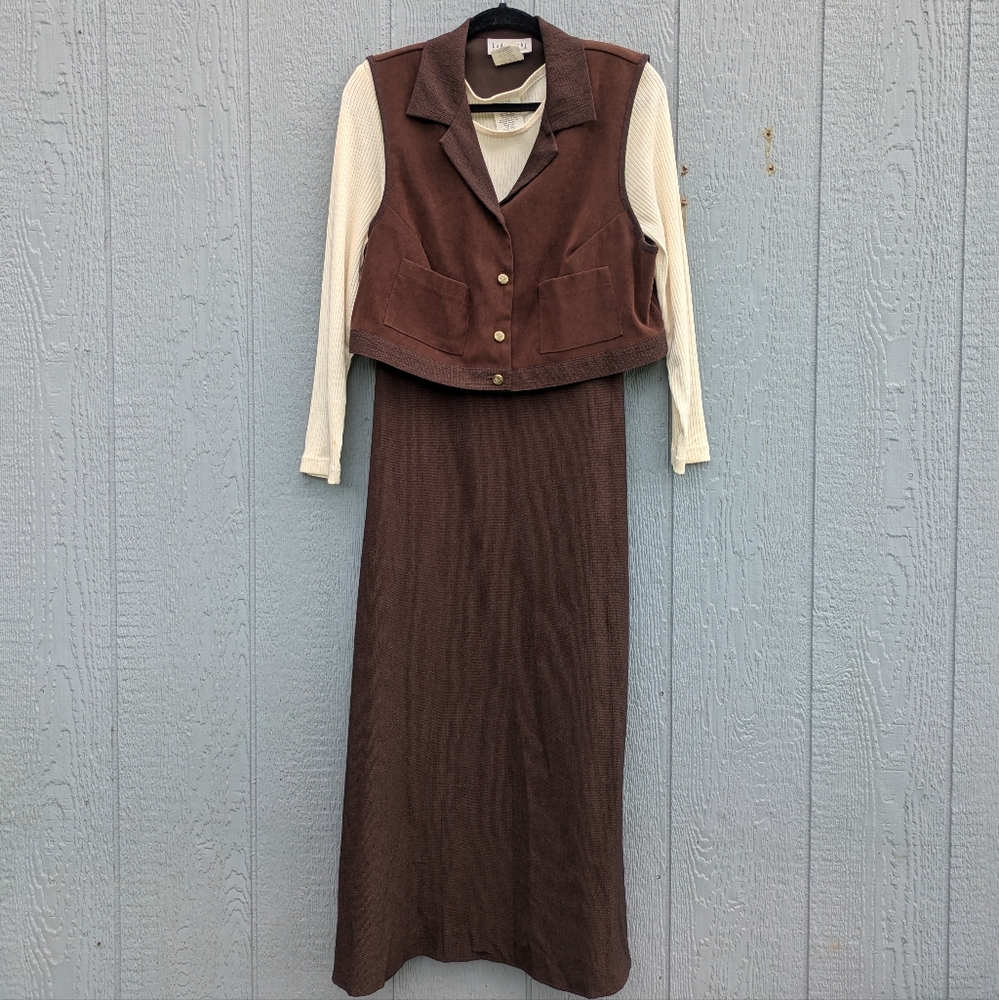 Vintage Lady Dorby Maxi‎ Dress & Vest 14W Brown & Cream